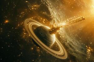 Cosmic Background Spacecraft orbiting distant planet with rings capturing the majestic of the cosmic rings against the  of stars photo