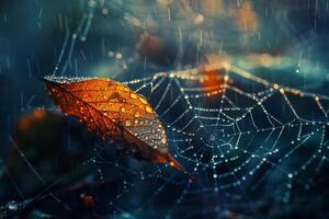 leaf trapped in spiders web with dewdrops sparkling in the early morning light. Spider web with dewdrops and leaf background. photo