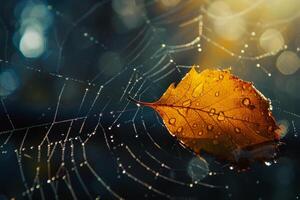 leaf trapped in spiders web with dewdrops sparkling in the early morning light. Spider web with dewdrops and leaf background. photo