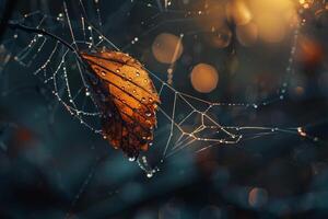 leaf trapped in spiders web with dewdrops sparkling in the early morning light. Spider web with dewdrops and leaf background. photo