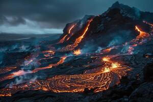 Glowing lavflowing from an active volcano illuminating the rugged terrain at night. Night  with active volcano and lavflow background. photo