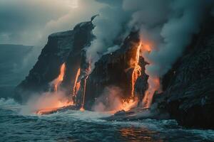 LavFlow Background Lavflowing into the ocean from an active volcano creating steam and fiery explosions. photo