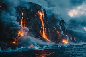 LavFlow Background Lavflowing into the ocean from an active volcano creating steam and fiery explosions. photo