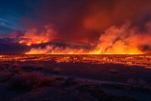 Wildfire Desert Background Wildfire raging across dry desert landscape casting fiery glow against the dusk sky. photo