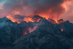 Wildfire Mountain Background Wildfire spreading across rugged mountains casting an orange glow against the twilight sky. photo