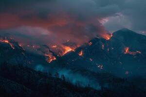Wildfire Mountain Background Wildfire spreading across rugged mountains casting an orange glow against the twilight sky. photo