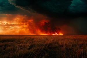 Wildfire SavannBackground Wildfire sweeping through dry savanna casting an orangered glow under stormy sky. photo