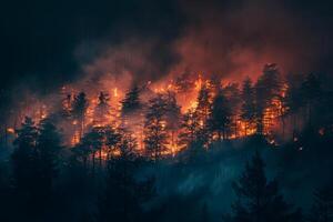 Wildfire spreading rapidly through dense forest casting an ominous glow in the night sky background photo