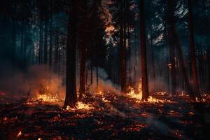 Wildfire spreading rapidly through dense forest casting an ominous glow in the night sky background photo