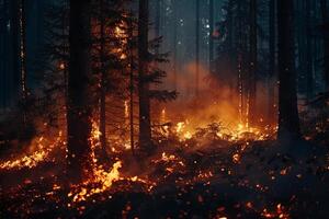 Wildfire spreading rapidly through dense forest casting an ominous glow in the night sky background photo