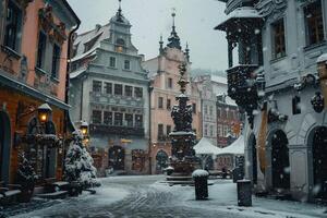 Snowfall creating picturesque  with historic buildings in an old town square background photo