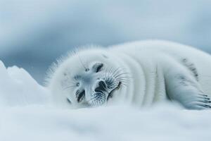 Vulnerable nature of harp seal pup resting on an ice floe with its white fur blending into the snowy  background photo
