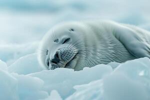Vulnerable nature of harp seal pup resting on an ice floe with its white fur blending into the snowy  background photo