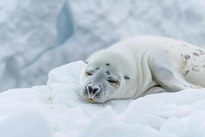Vulnerable nature of harp seal pup resting on an ice floe with its white fur blending into the snowy  background photo