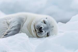 Vulnerable nature of harp seal pup resting on an ice floe with its white fur blending into the snowy  background photo