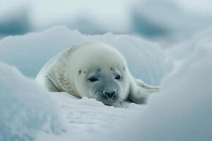 Vulnerable nature of harp seal pup resting on an ice floe with its white fur blending into the snowy  background photo