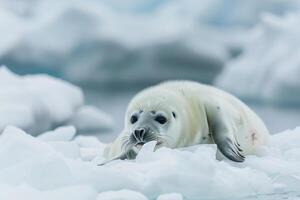 Vulnerable Nature of harp seal pup resting on an ice floe with its white fur blending into the snowy  background photo