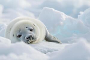Vulnerable Nature of harp seal pup resting on an ice floe with its white fur blending into the snowy  background photo