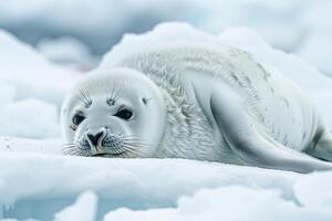 Vulnerable Nature of harp seal pup resting on an ice floe with its white fur blending into the snowy  background photo