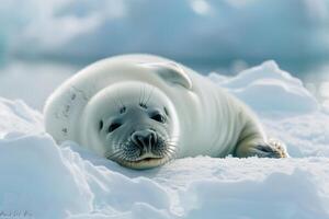 Vulnerable Nature of harp seal pup resting on an ice floe with its white fur blending into the snowy  background photo