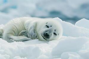 Vulnerable Nature of harp seal pup resting on an ice floe with its white fur blending into the snowy  background photo