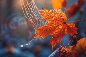 Nature of Intricate Spider Webs on Maple Leaf Background photo