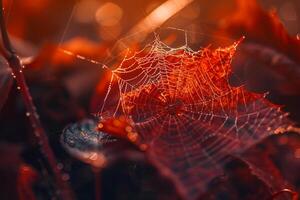 Nature of Intricate Spider Webs on Maple Leaf Background photo