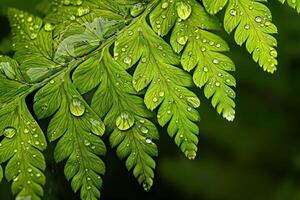 Nature of intricate s on fern leaf with morning dew photo