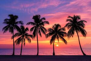 Palm trees silhouetted against fiery sunset sky over calm beach photo