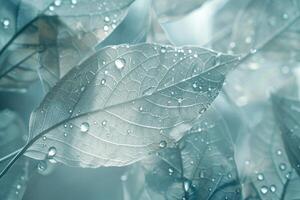 Nature of raindrops on transparent leaves refracting light into intricate geometric patterns background photo