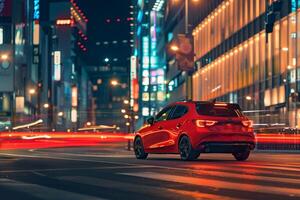 Excitement New hatchback featured in dynamic urban setting with red motion of city lights in the background background photo