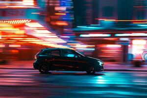 Excitement New hatchback featured in dynamic urban setting with red motion of city lights in the background background photo