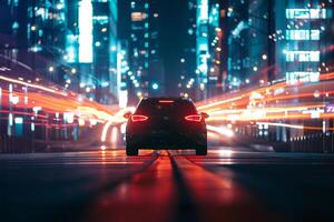 Excitement New hatchback featured in dynamic urban setting with red motion of city lights in the background background photo