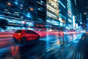 Excitement New hatchback featured in dynamic urban setting with red motion of city lights in the background background photo