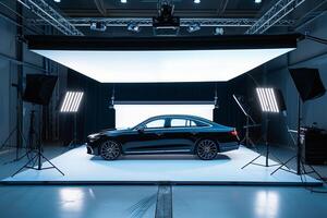 Luxury sedan showcased on white stage with dramatic lighting to emphasize its premium features photo