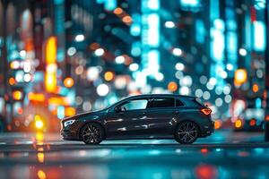 New hatchback featured in dynamic urban setting with red motion of city lights in the background photo