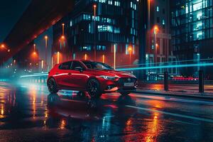 New hatchback featured in dynamic urban setting with red motion of city lights in the background photo