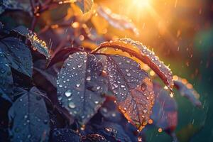 Nature of dewcovered leaves refracting morning sunlight creating prism effect photo