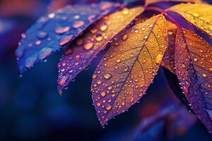 Nature of dewcovered leaves refracting morning sunlight creating prism effect photo