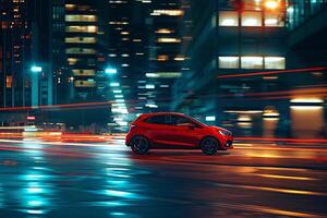 New hatchback featured in dynamic urban setting with red motion of city lights in the background photo