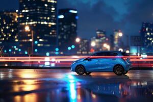 New hatchback featured in dynamic urban setting with red motion of city lights in the background photo