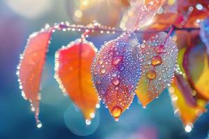 Nature of dewcovered leaves refracting morning sunlight creating prism effect photo