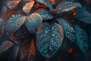 Nature of dewcovered leaves refracting morning sunlight creating prism effect photo