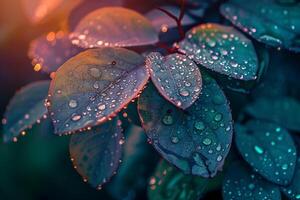 Nature of dewcovered leaves refracting morning sunlight creating prism effect photo
