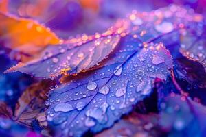 Nature of dewcovered leaves refracting morning sunlight creating prism effect photo