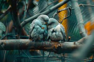pair of bonded birds preening each others feathers in an aviary with background of  light chirping ly in mutual care photo