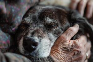 An elderly shelter dog receiving gentle massage therapy from volunteer with background of  lighting eyes closing in relaxation photo