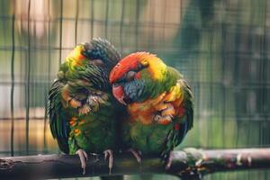 pair of bonded birds preening each others feathers in spacious aviary background chirping ly in mutual care photo