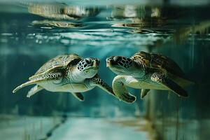 pair of rescued turtles swimming gracefully in large tank their movements serene and synchronized photo
