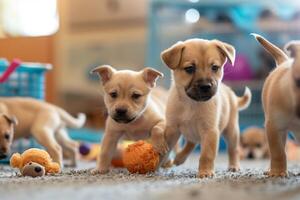 Hopeful group of puppies playing with donated toys in brightly lit playroom tails wagging as they learn social skills and receive affection photo